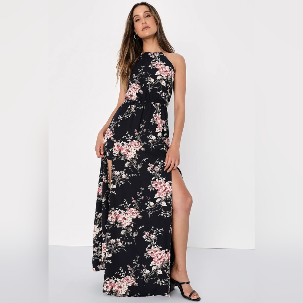 Lulus Feel the Music Midnight Blue Floral Print Maxi Dress